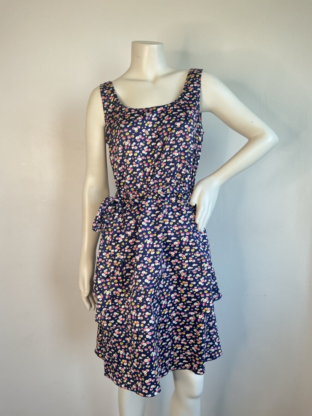 Floral Feminine Dress Navy Pink Elastic Waist Ruffle Hem Side Zip The Limited 8
